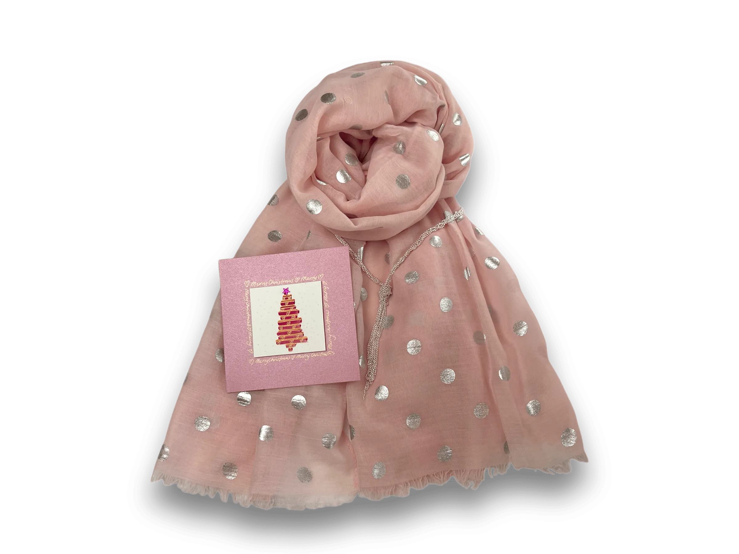 🎁 Gift Pack - Soft Pink Dot Scarf - Silver Necklet  Card