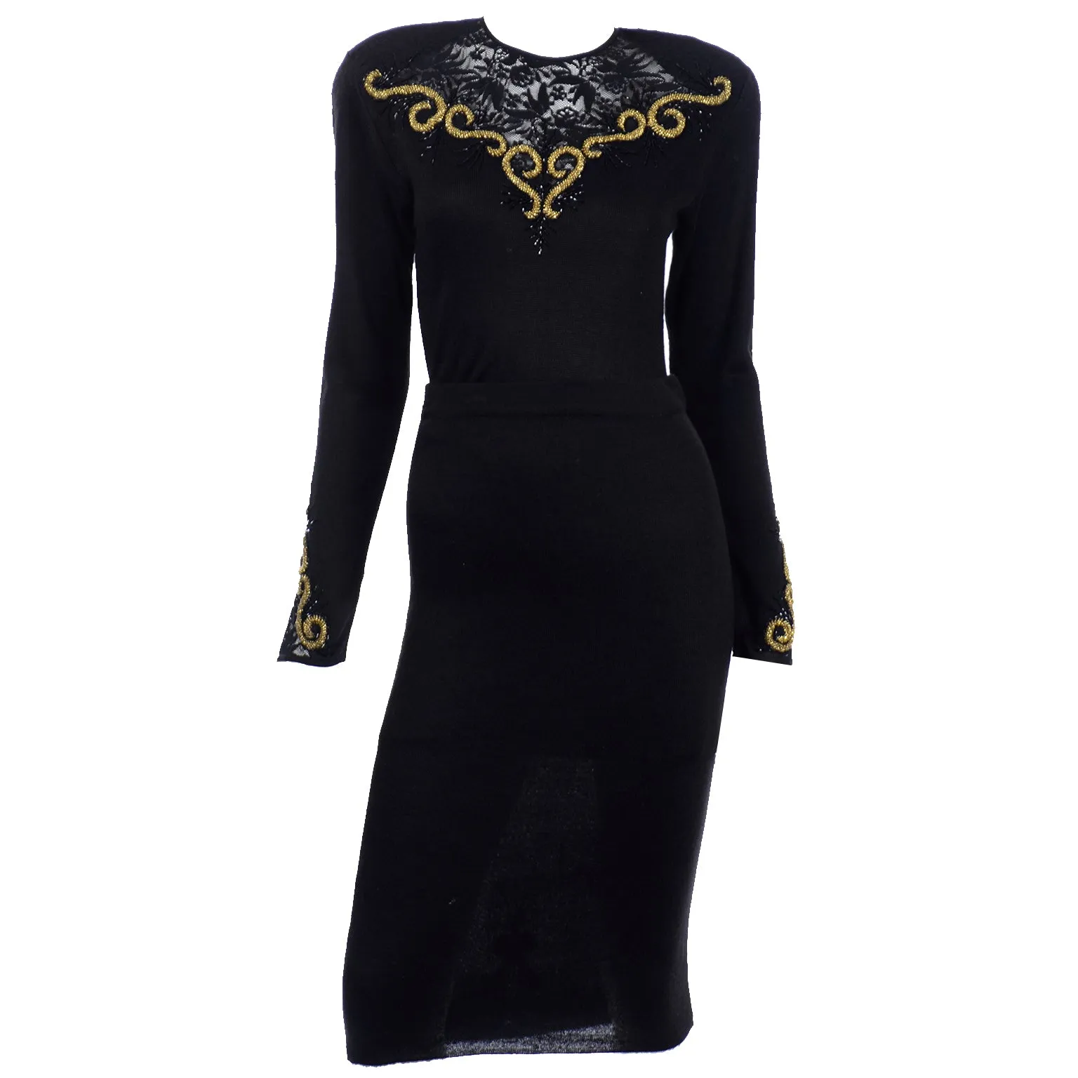 1980s Diane Freis Black 2 Piece Vintage Dress W Lace & Gold Bead Embroidery