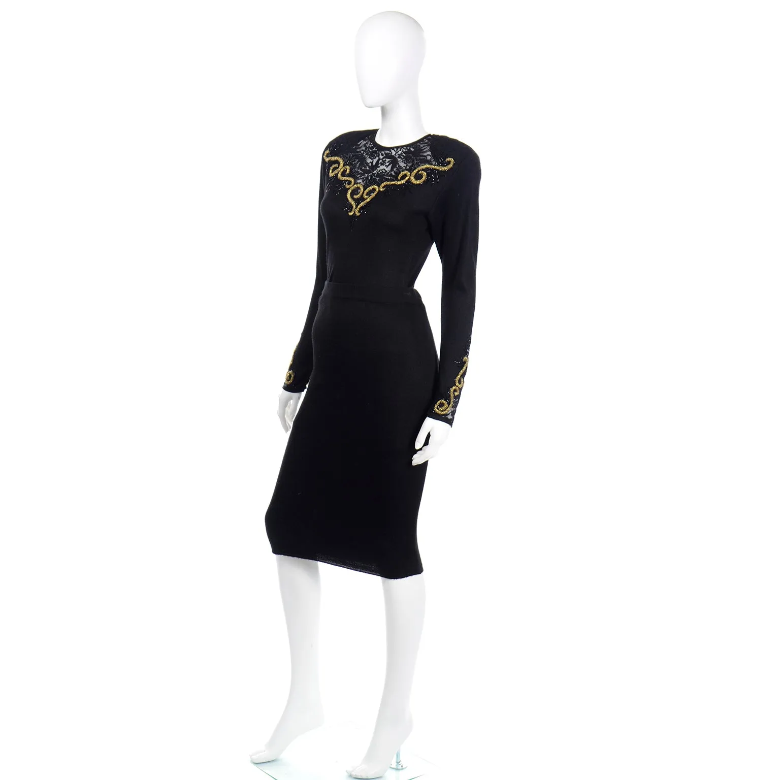 1980s Diane Freis Black 2 Piece Vintage Dress W Lace & Gold Bead Embroidery