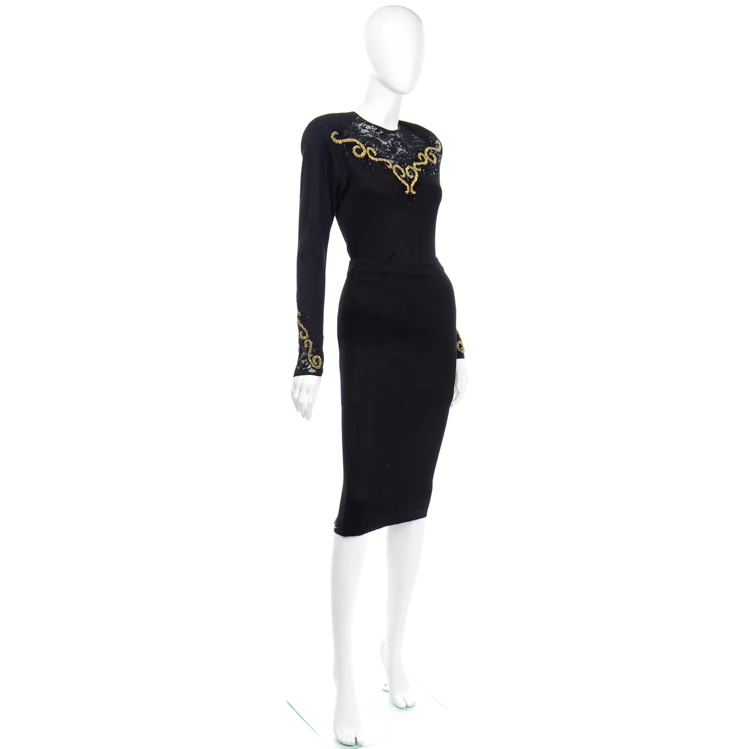 1980s Diane Freis Black 2 Piece Vintage Dress W Lace & Gold Bead Embroidery