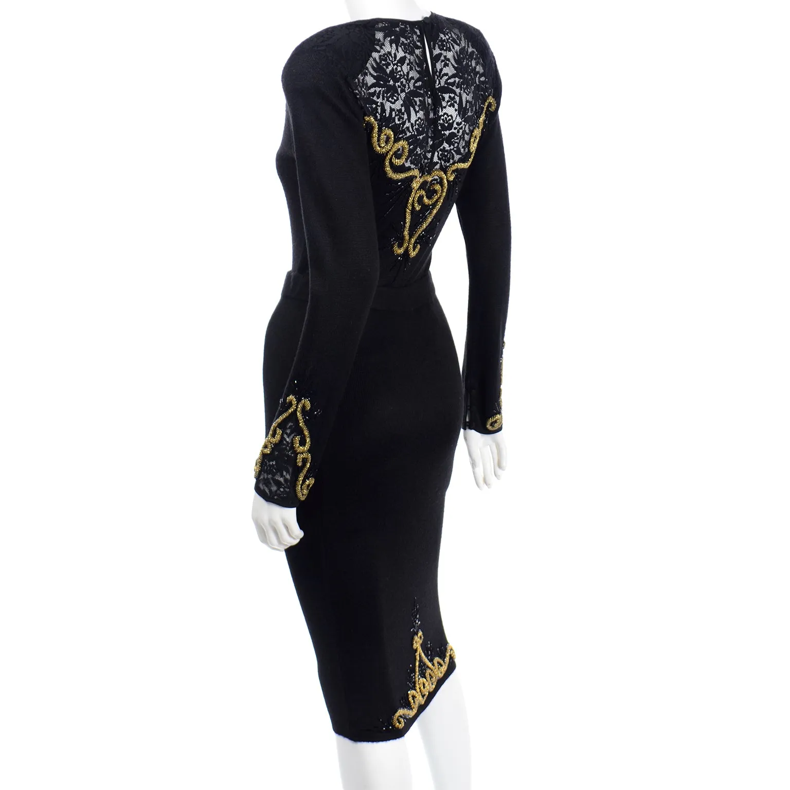 1980s Diane Freis Black 2 Piece Vintage Dress W Lace & Gold Bead Embroidery