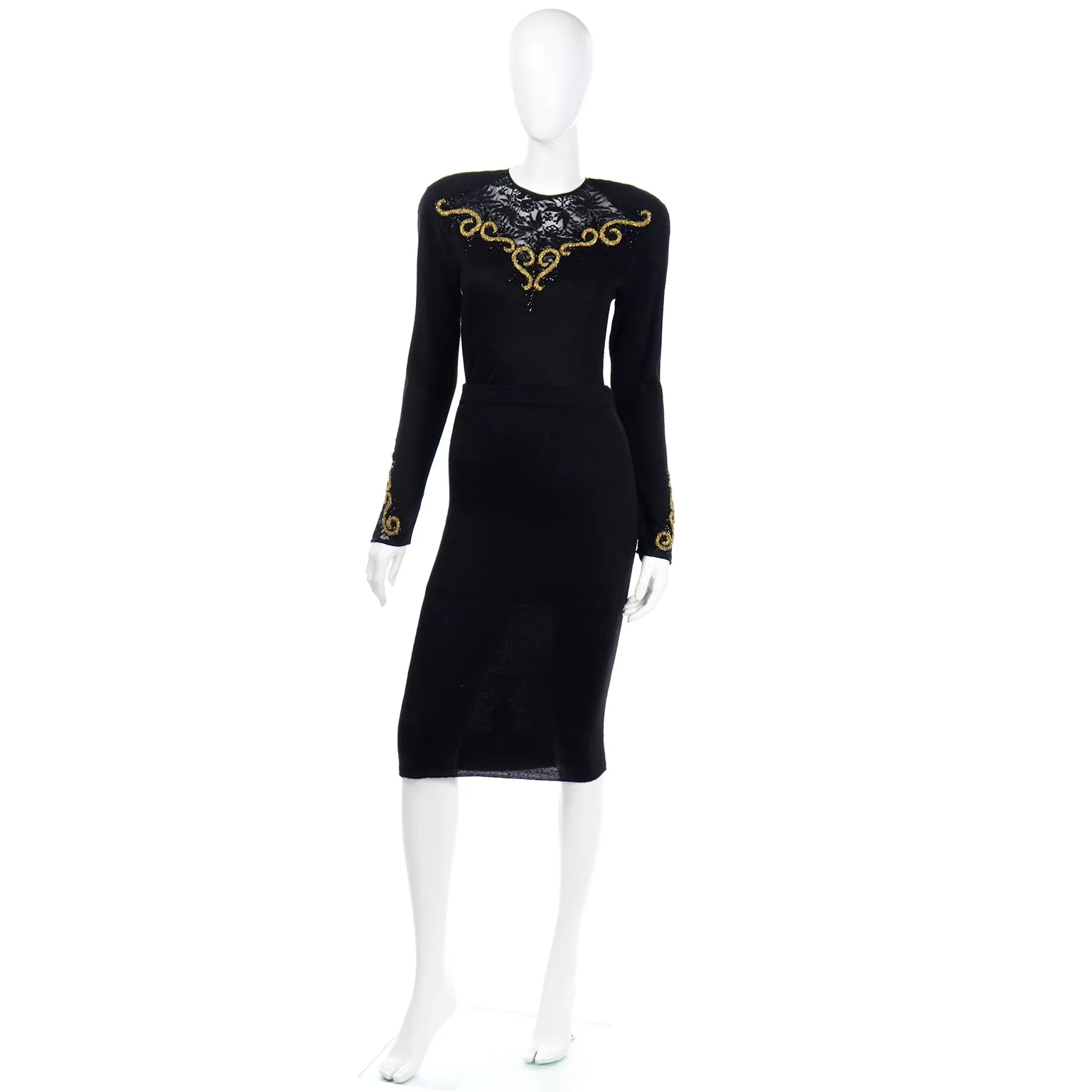 1980s Diane Freis Black 2 Piece Vintage Dress W Lace & Gold Bead Embroidery