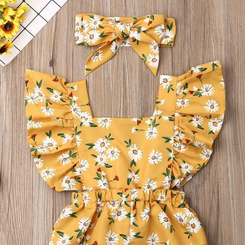 2-piece Ruffle Floral Printed Jumpsuit & Headband for Baby Girl