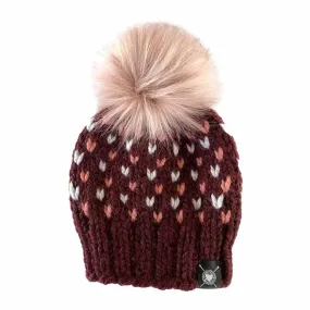 (30% Off) Beanie - Classic Blended Fiber Pom in Light Gray and Peach Hearts on Wine with Pink Faux Fur by Nickichicki