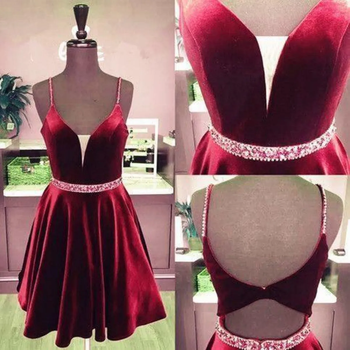 A Line V Neck Beaded Burgundy Velvet Prom Dresses, Burgundy Homecoming Dresses, Short Maroon Formal Evening Dresses with Belt SP2472