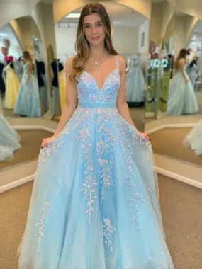 A Line V Neck Open Back Beaded Blue Lace Long Prom Dresses with Belt, Blue Lace Formal Dresses, Beaded Blue Evening Dresses