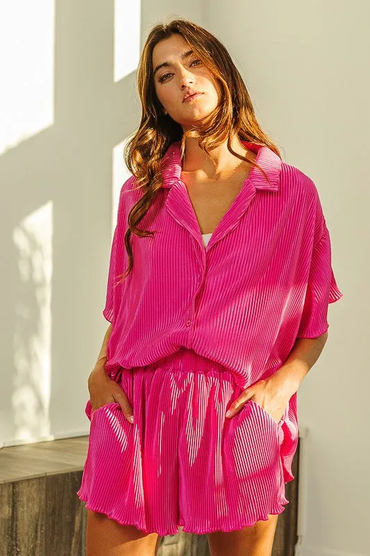 Accordion Pleated Short Set in Fuchsia