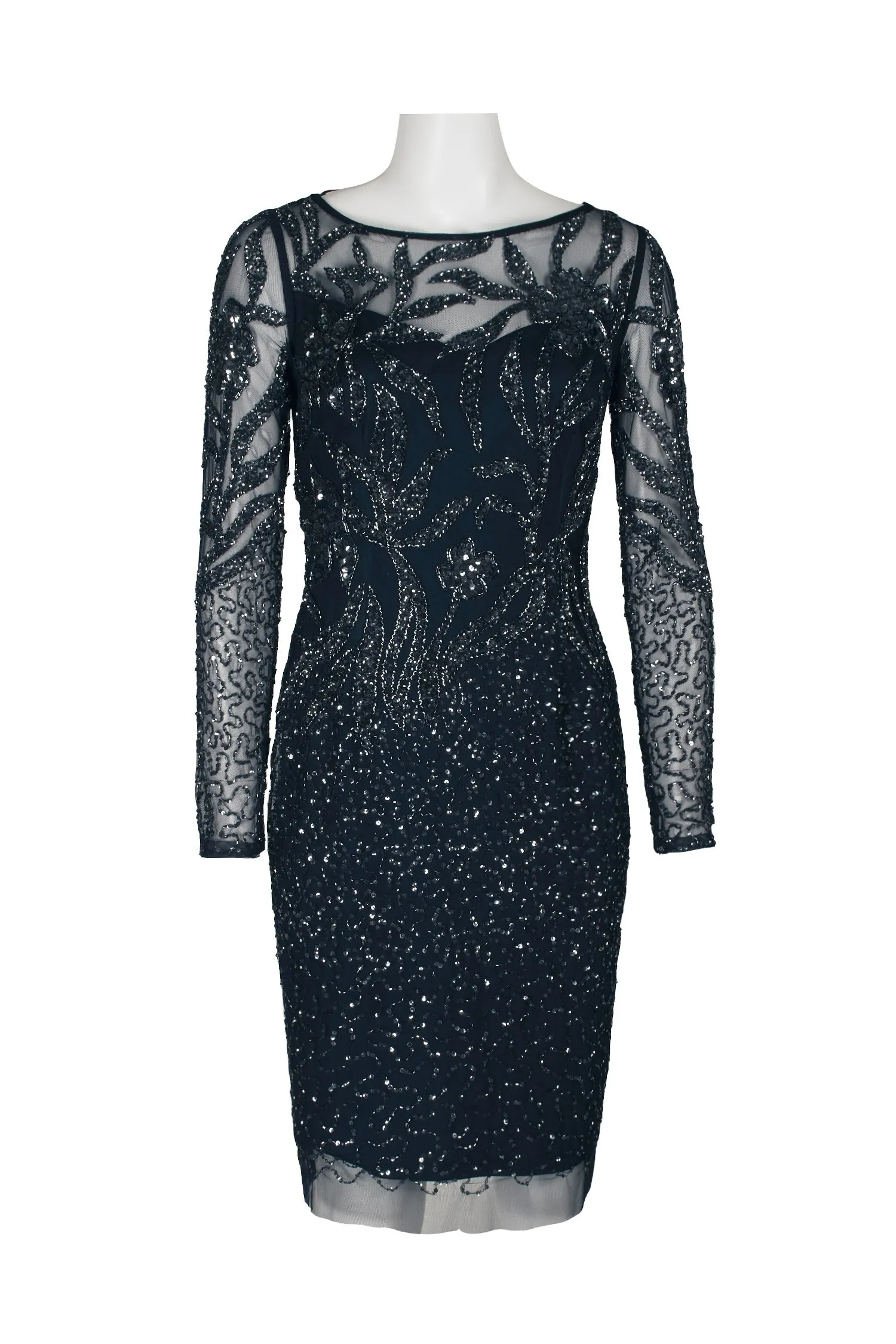 Adrianna Papell Boat Neck Long Sleeve Illusion Sequined Beaded Zipper Back Bodycon Mesh Dress