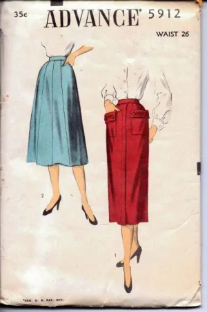 Advance 5912 Ladies Full Flared Wiggle Skirt with Pockets Vintage Sewing Pattern 50's