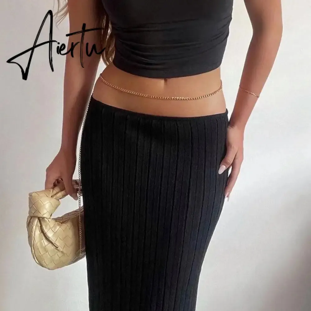 Aiertu Summer Knit Long Skirts For Women Sexy Beach Cove Up Dress Party Outfits Dropped Waist See Through Wrap White Midi Skirt