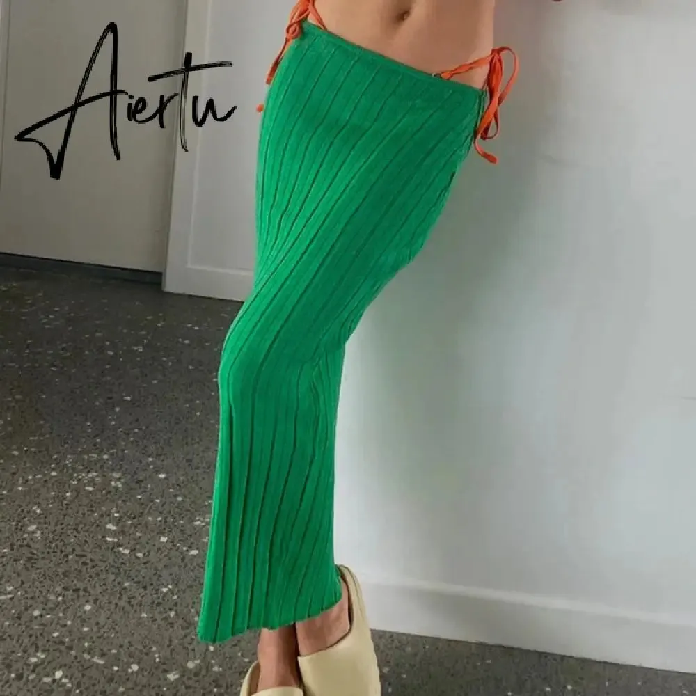 Aiertu Summer Knit Long Skirts For Women Sexy Beach Cove Up Dress Party Outfits Dropped Waist See Through Wrap White Midi Skirt