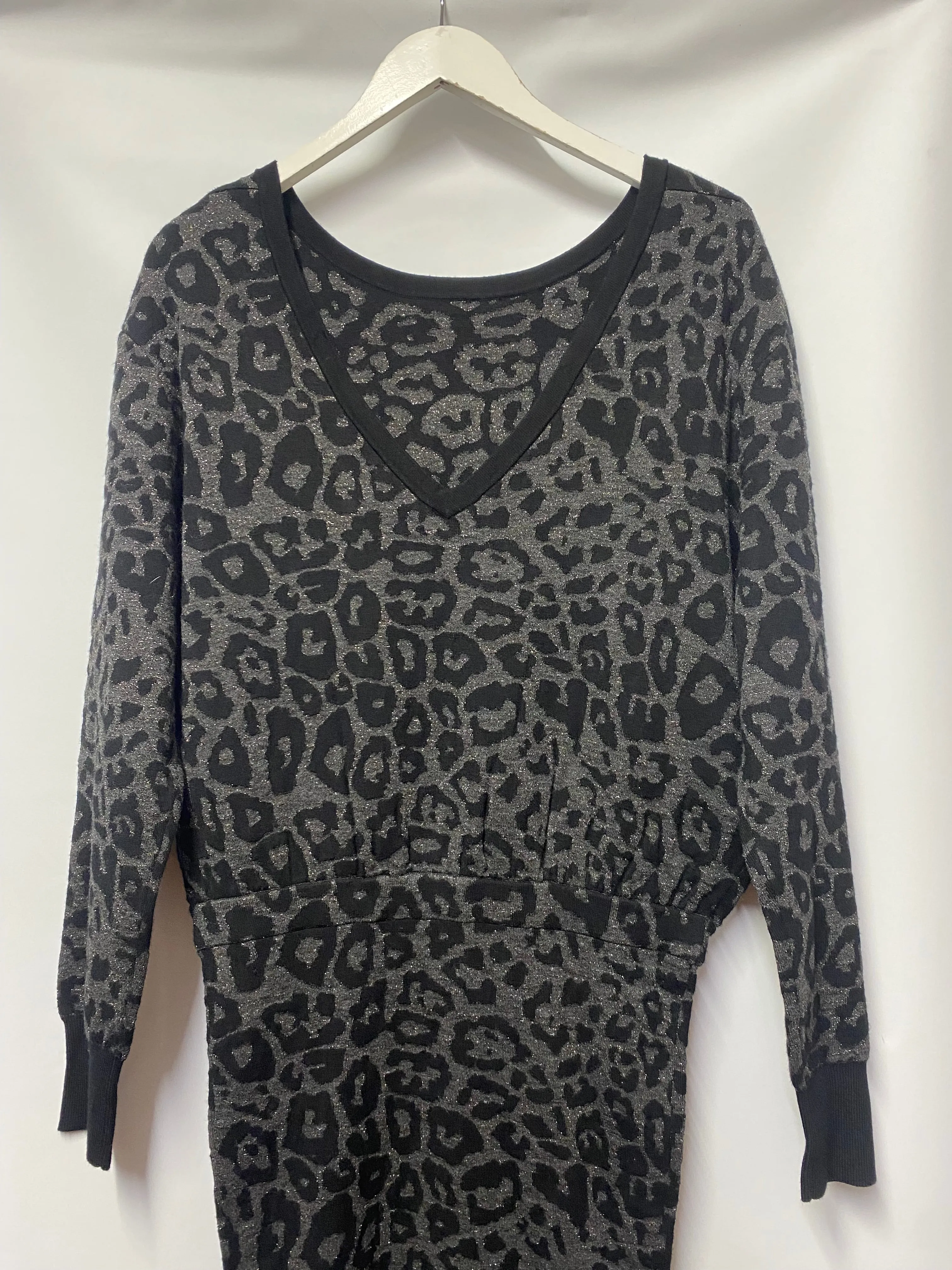 AllSaints Grey Sparkly Leopard Print Knit Dress Medium