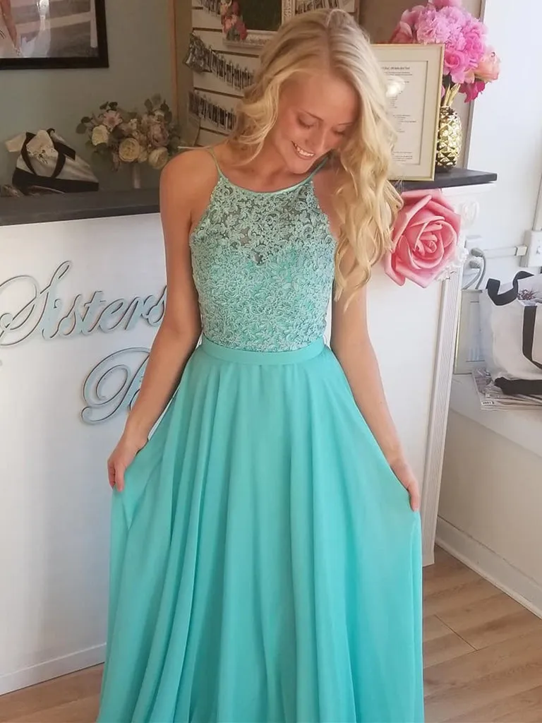 Aqua Lace Long Prom Dress, Formal Evening Bridesmaid Dress, BD2303110