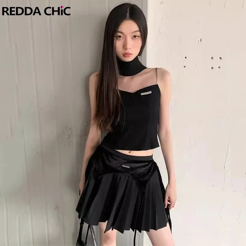 ARWEN & AJH GROUP مجموعة اروين 2024  Retro Black Tank Top Miniskirt Women 2-piece Set Summer Turtleneck Sleeveless Vest Pleated Skirt Grunge  Streetwear