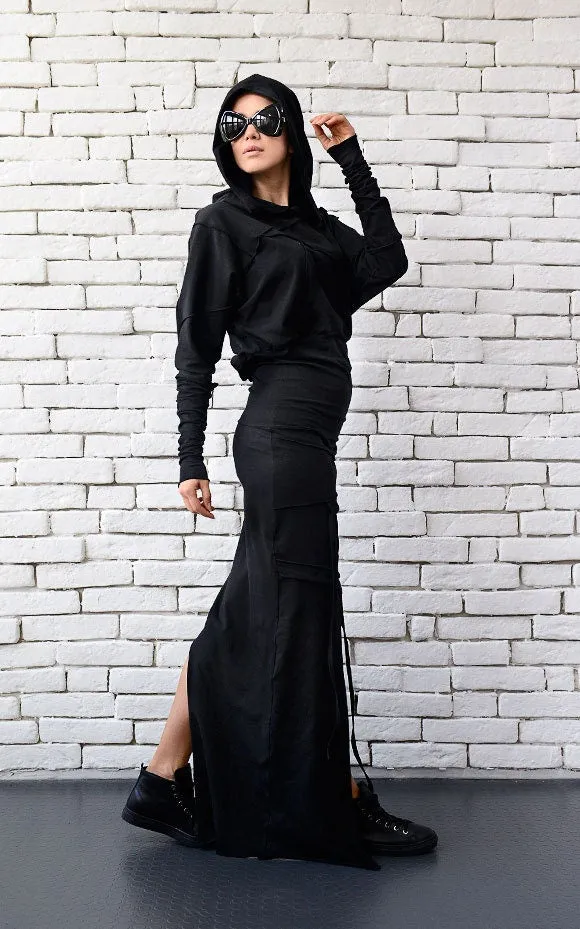 Asymmetric Hooded Long Dress In Black