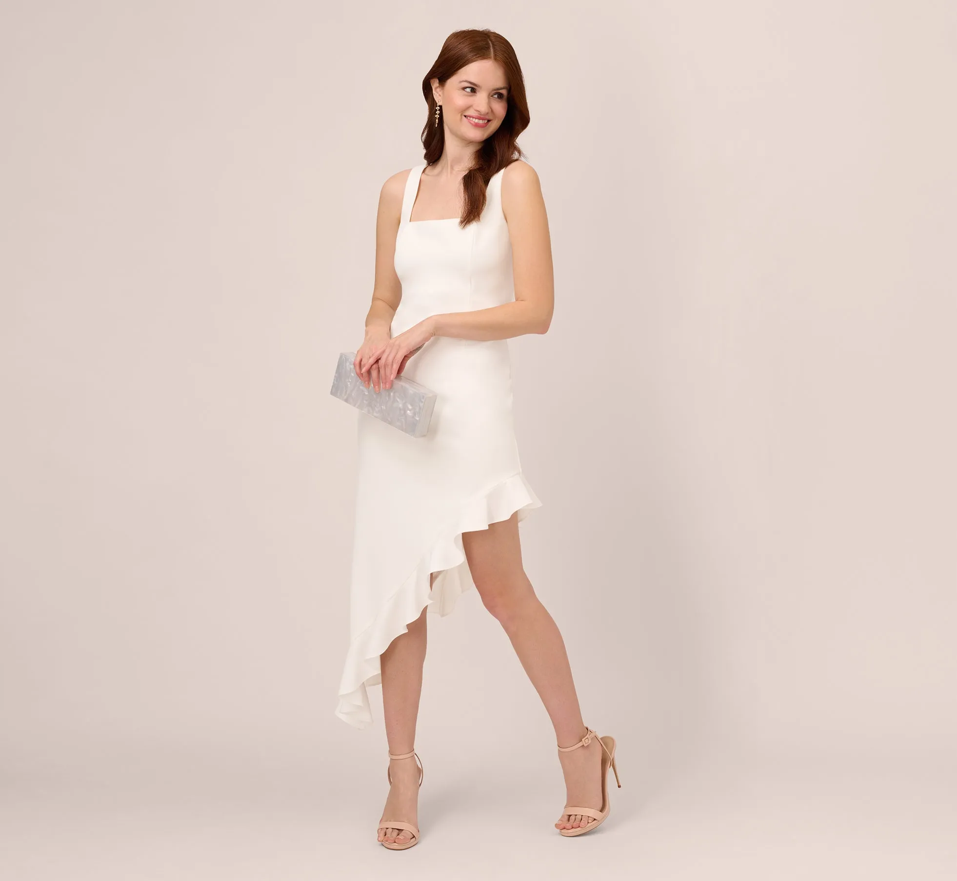 Asymmetrical Crepe Midi Dress With Flounce Hem In Ivory