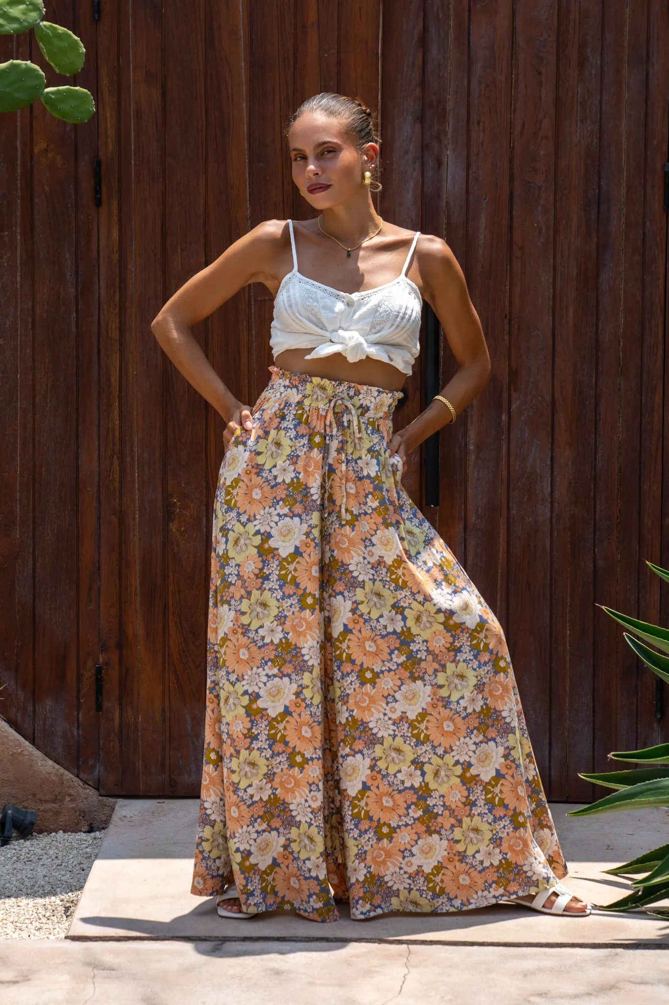 Aurelie Orange Blue Floral Wide Leg Pants