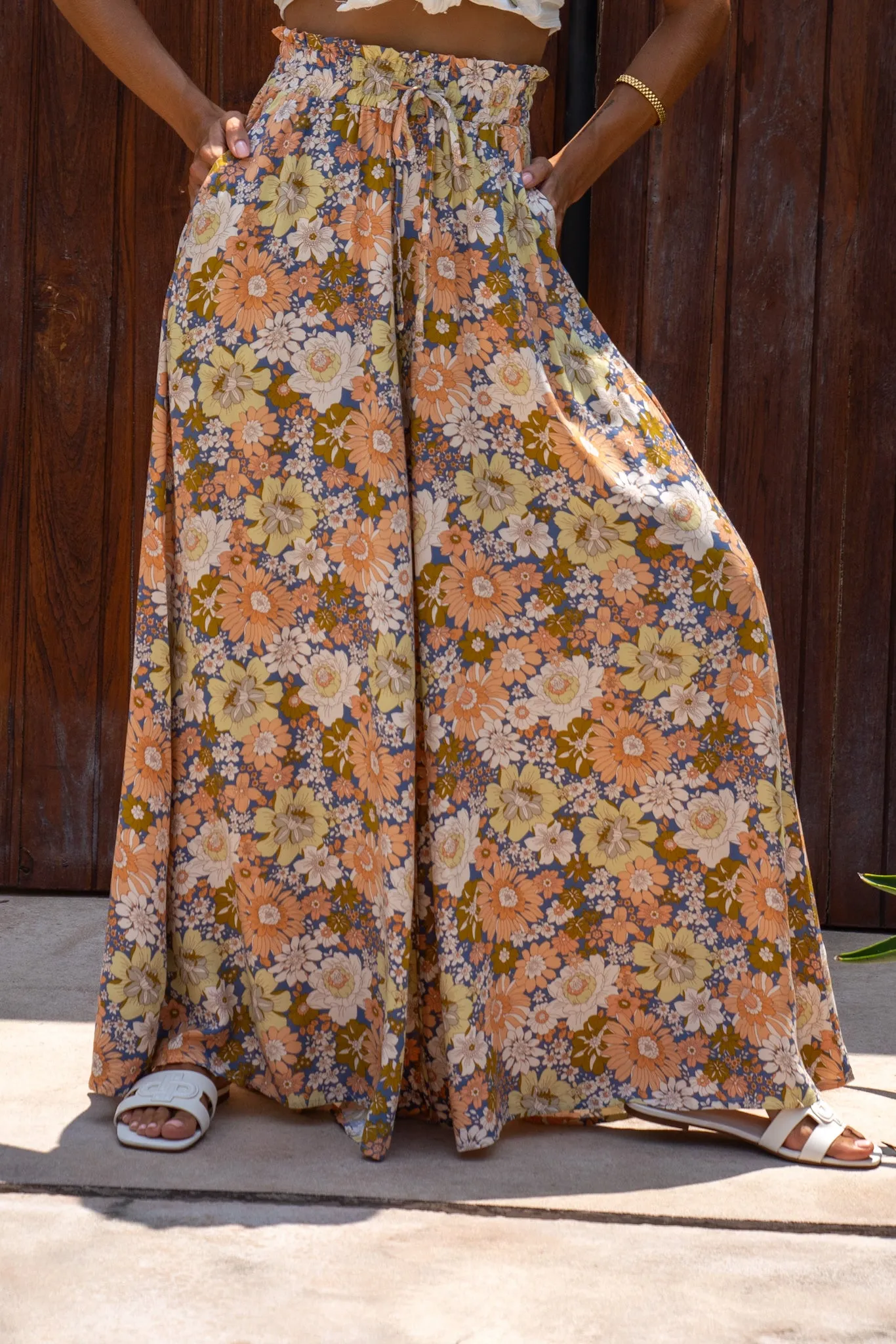 Aurelie Orange Blue Floral Wide Leg Pants