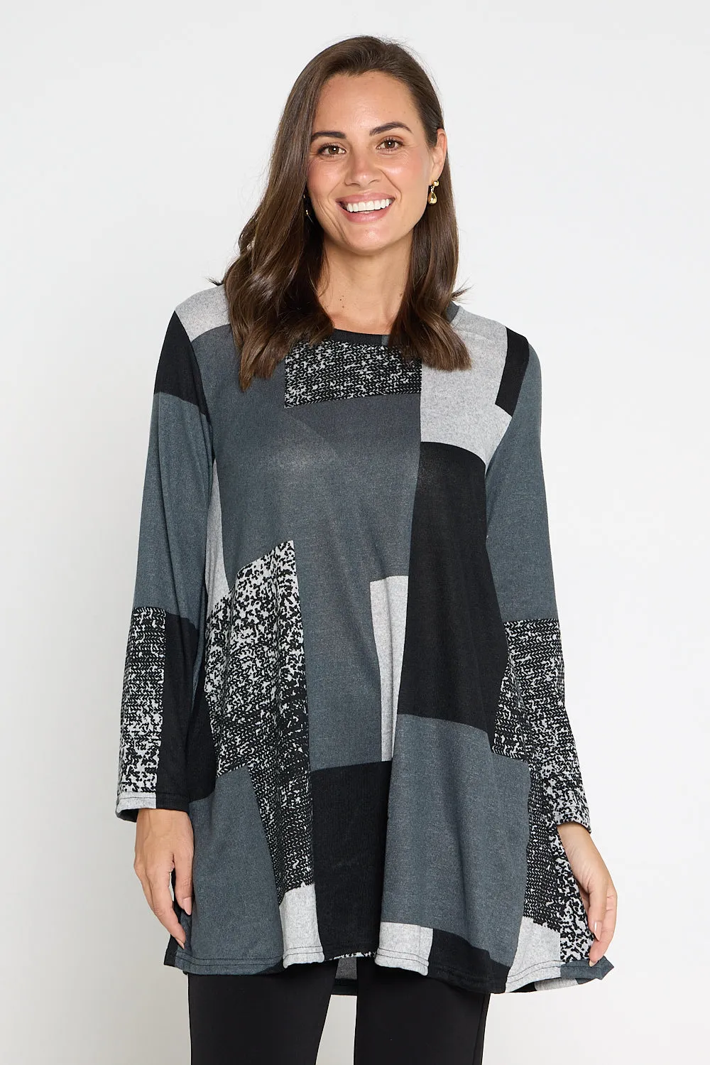 Barb Knit Top - Charcoal Geo Patch