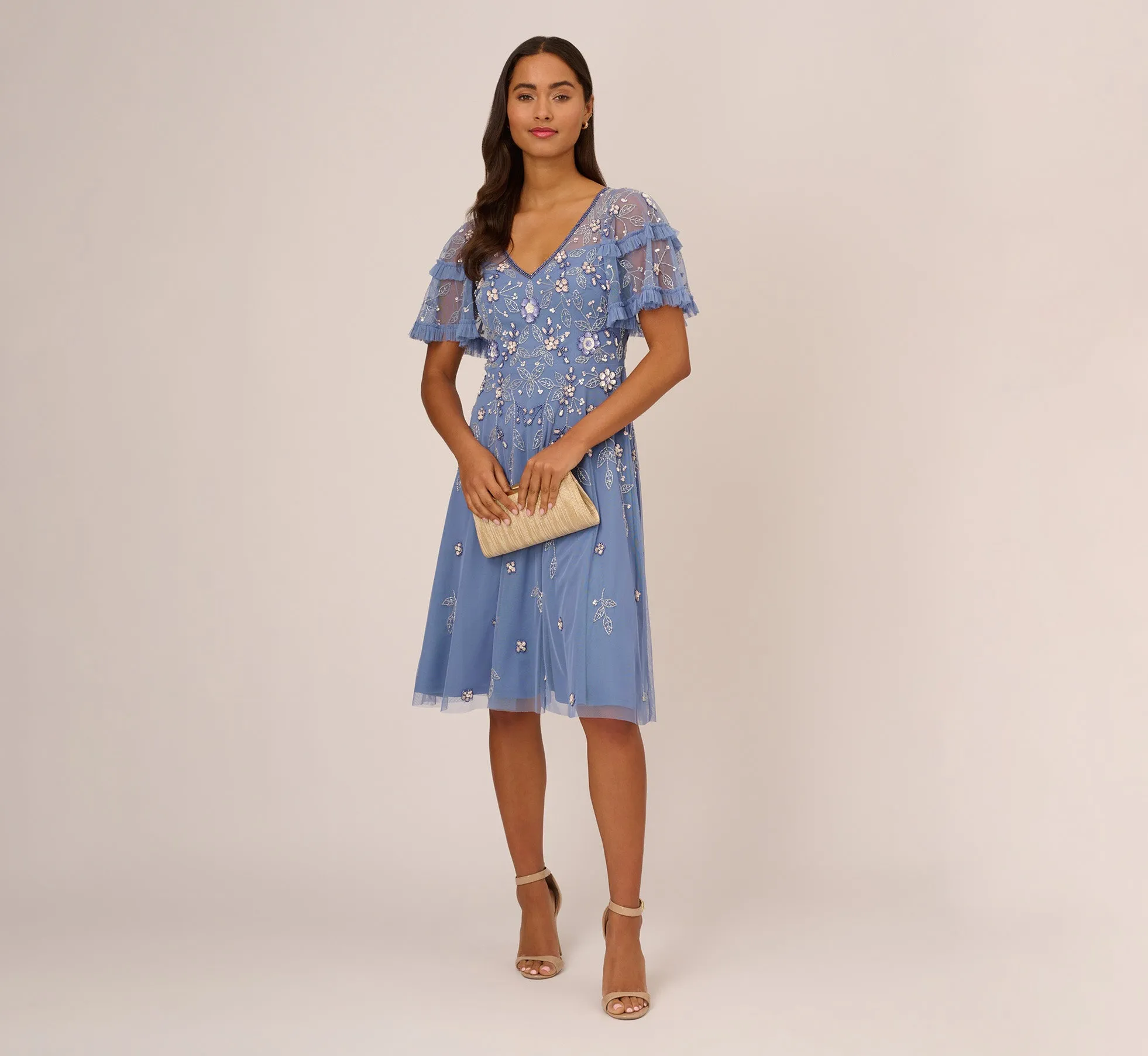 Beaded Midi Dress With Sheer Ruffled Sleeves In French Blue