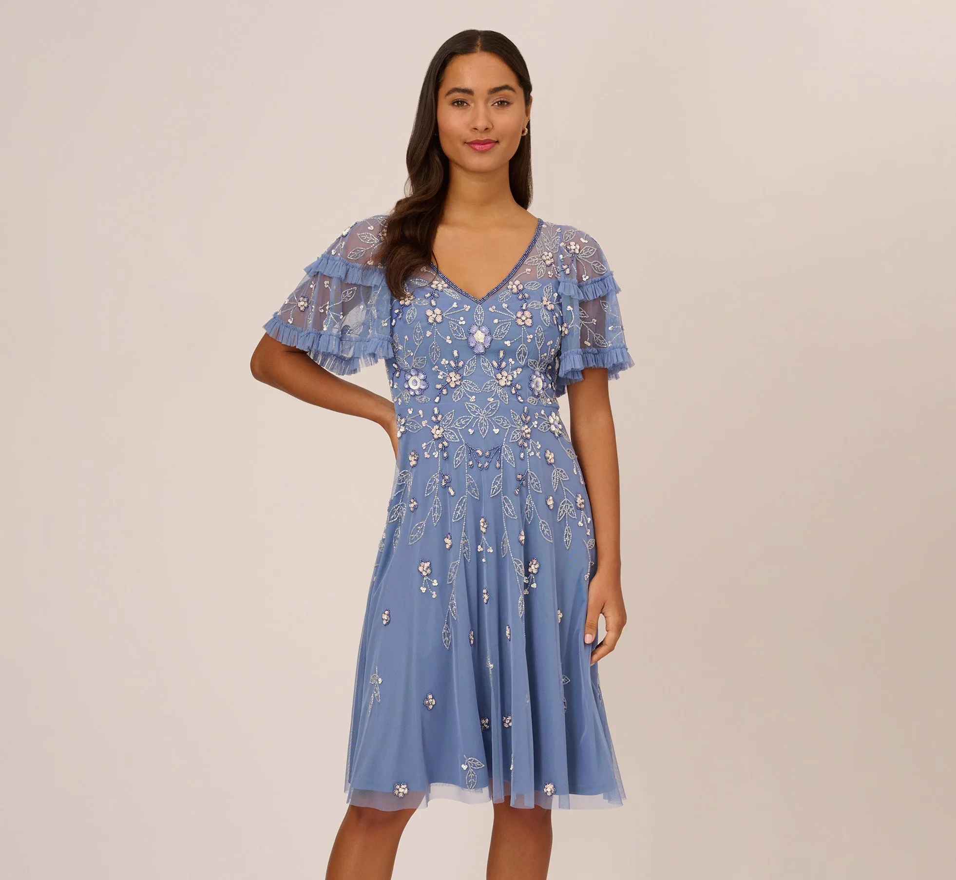 Beaded Midi Dress With Sheer Ruffled Sleeves In French Blue