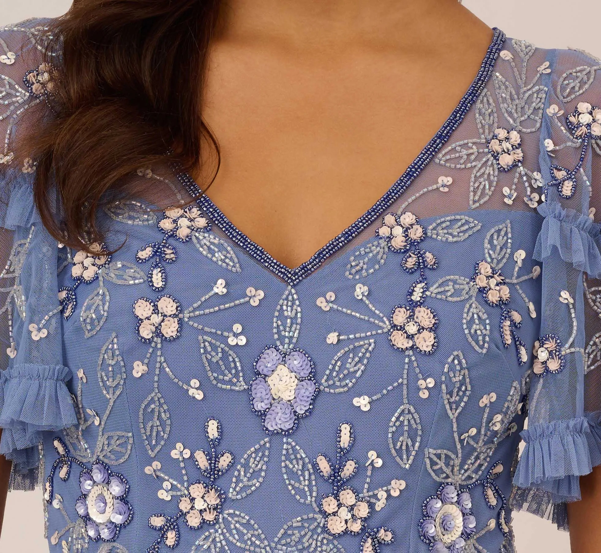 Beaded Midi Dress With Sheer Ruffled Sleeves In French Blue