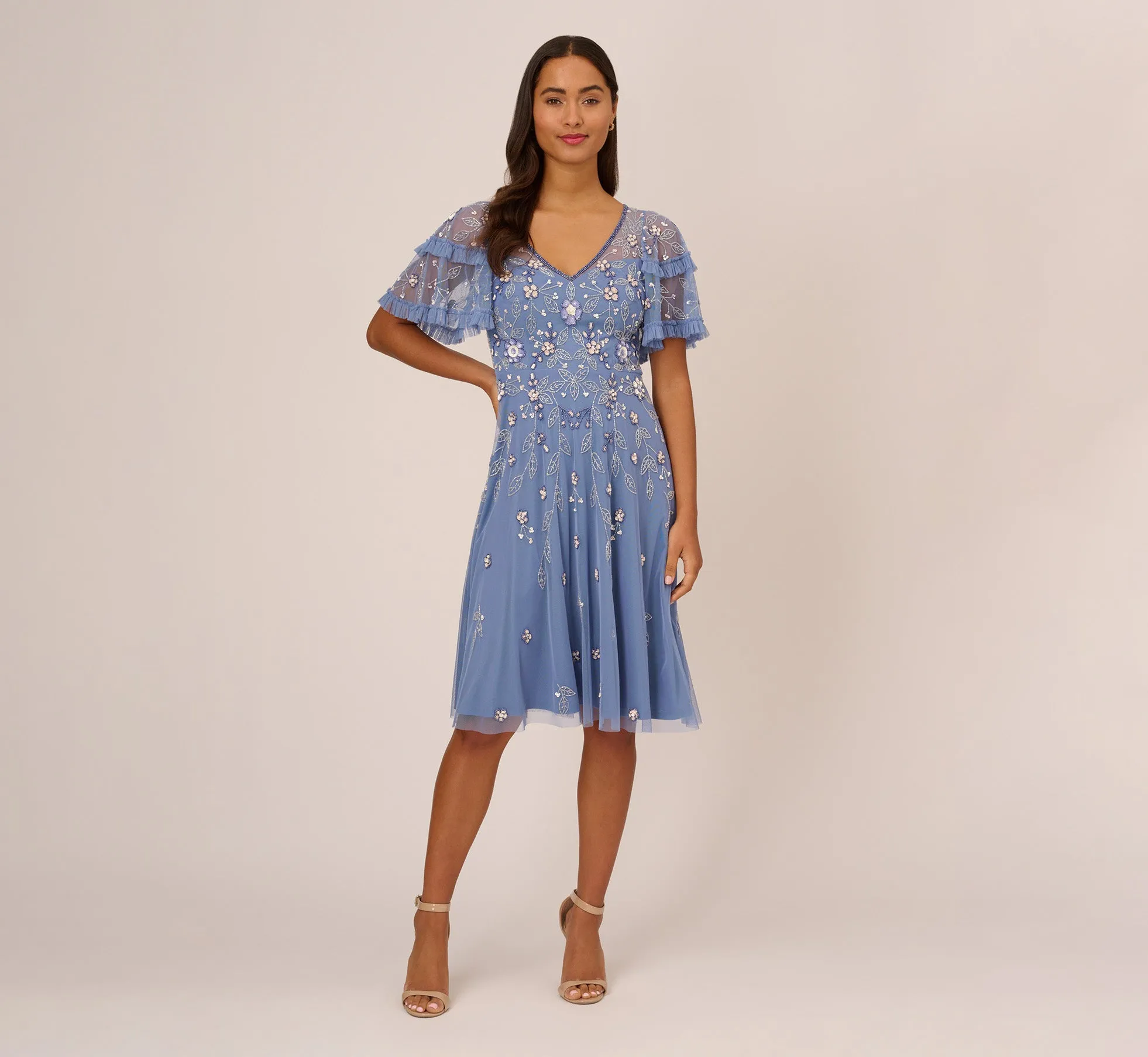 Beaded Midi Dress With Sheer Ruffled Sleeves In French Blue