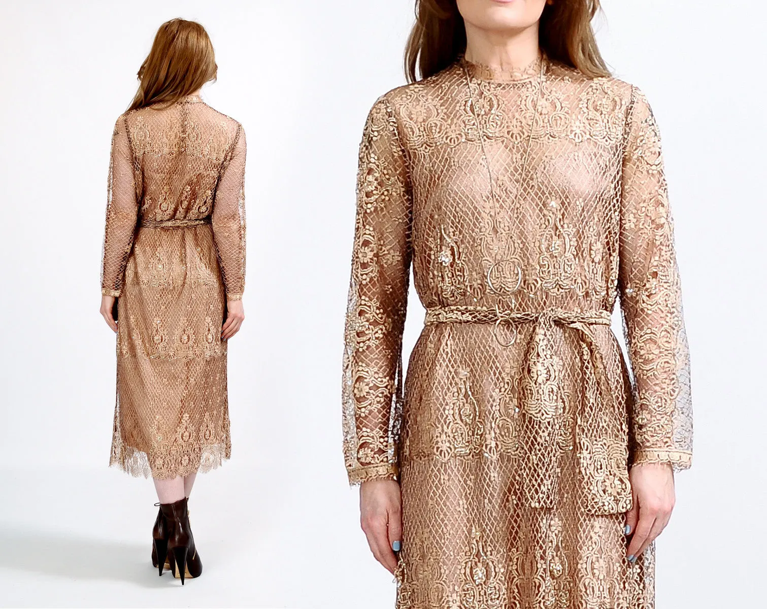 Beaded Silk Chantilly Lace Dress