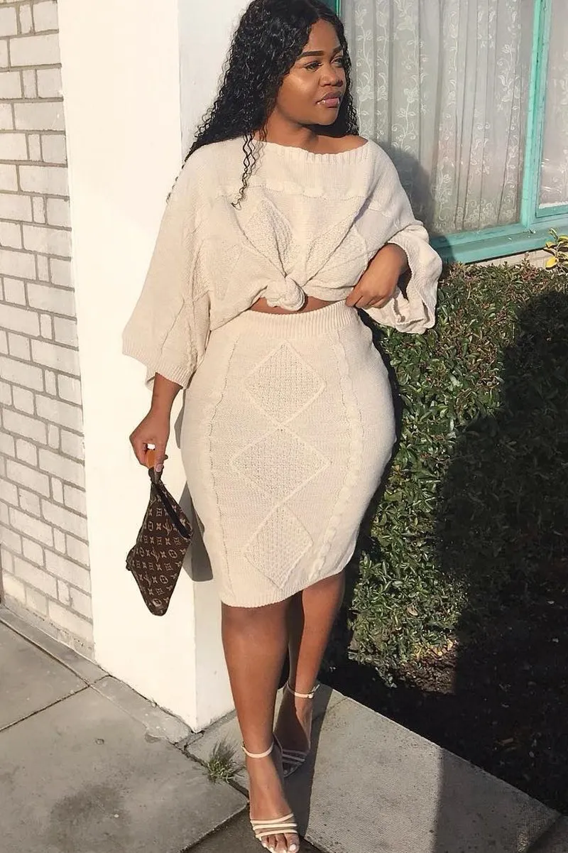 Beige Cable Knit Jumper Midi Skirt Co-Ord - Mahari