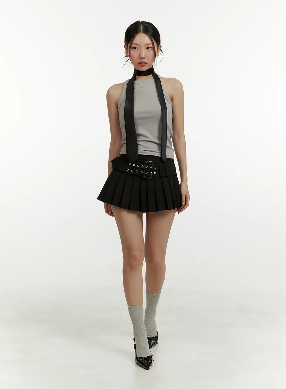 Belted Pleated Mini Skirt CY408