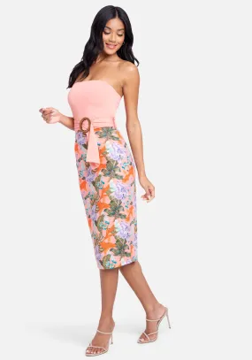 Belted Strapless Printed Midi