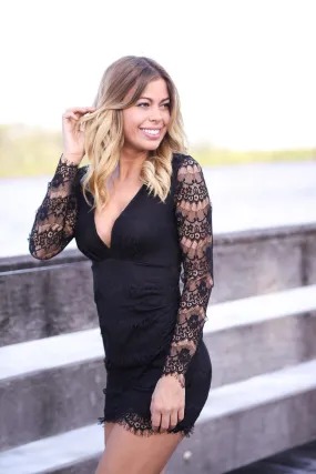 Black Lace Long Sleeve Dress with Open Back