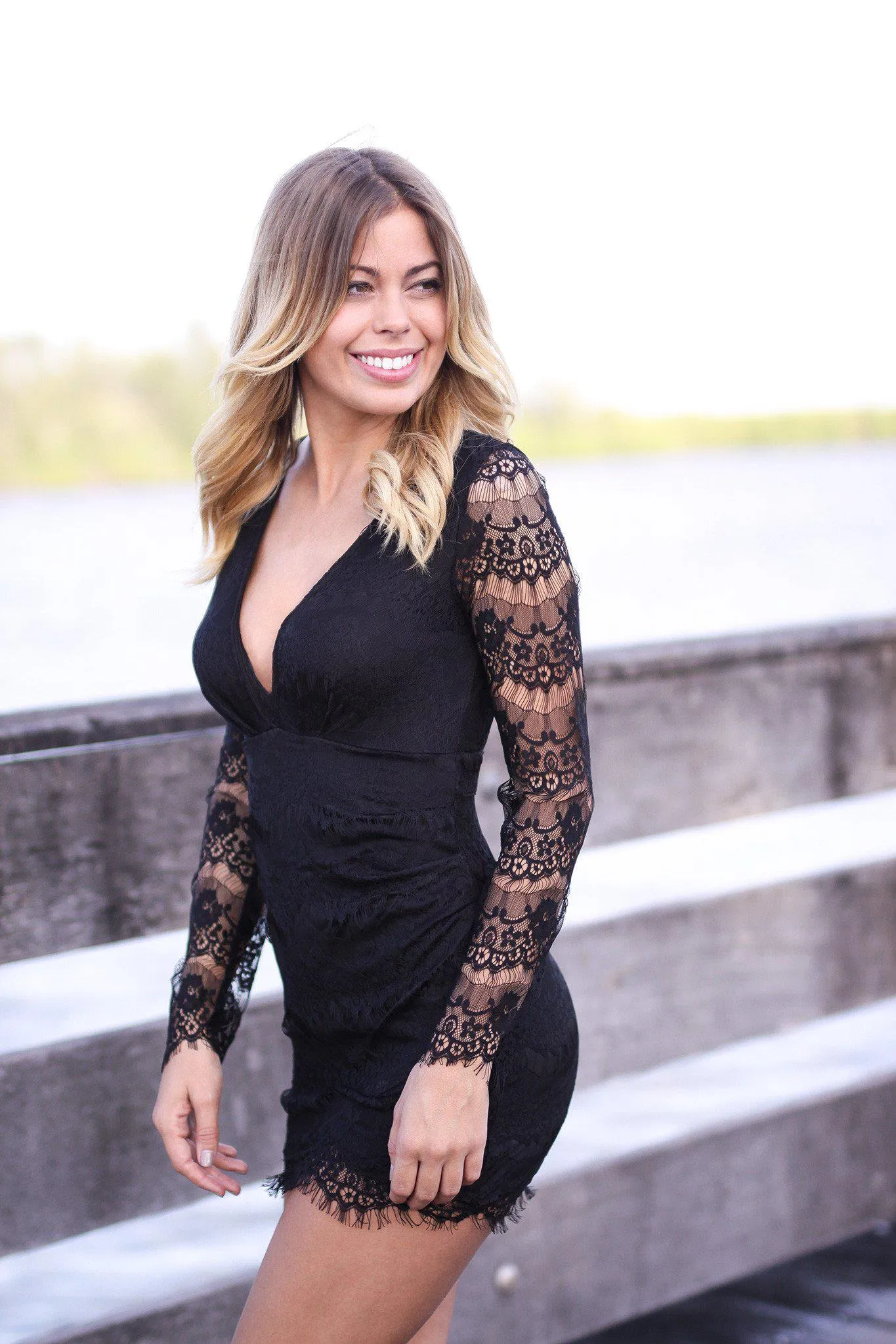 Black Lace Long Sleeve Dress with Open Back