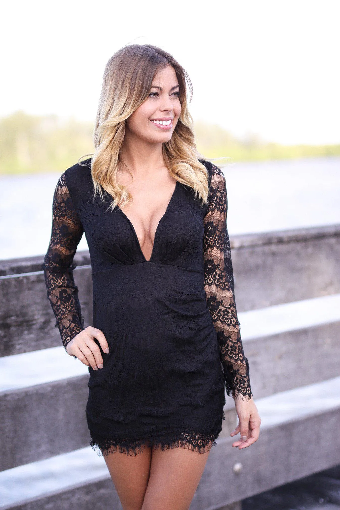 Black Lace Long Sleeve Dress with Open Back