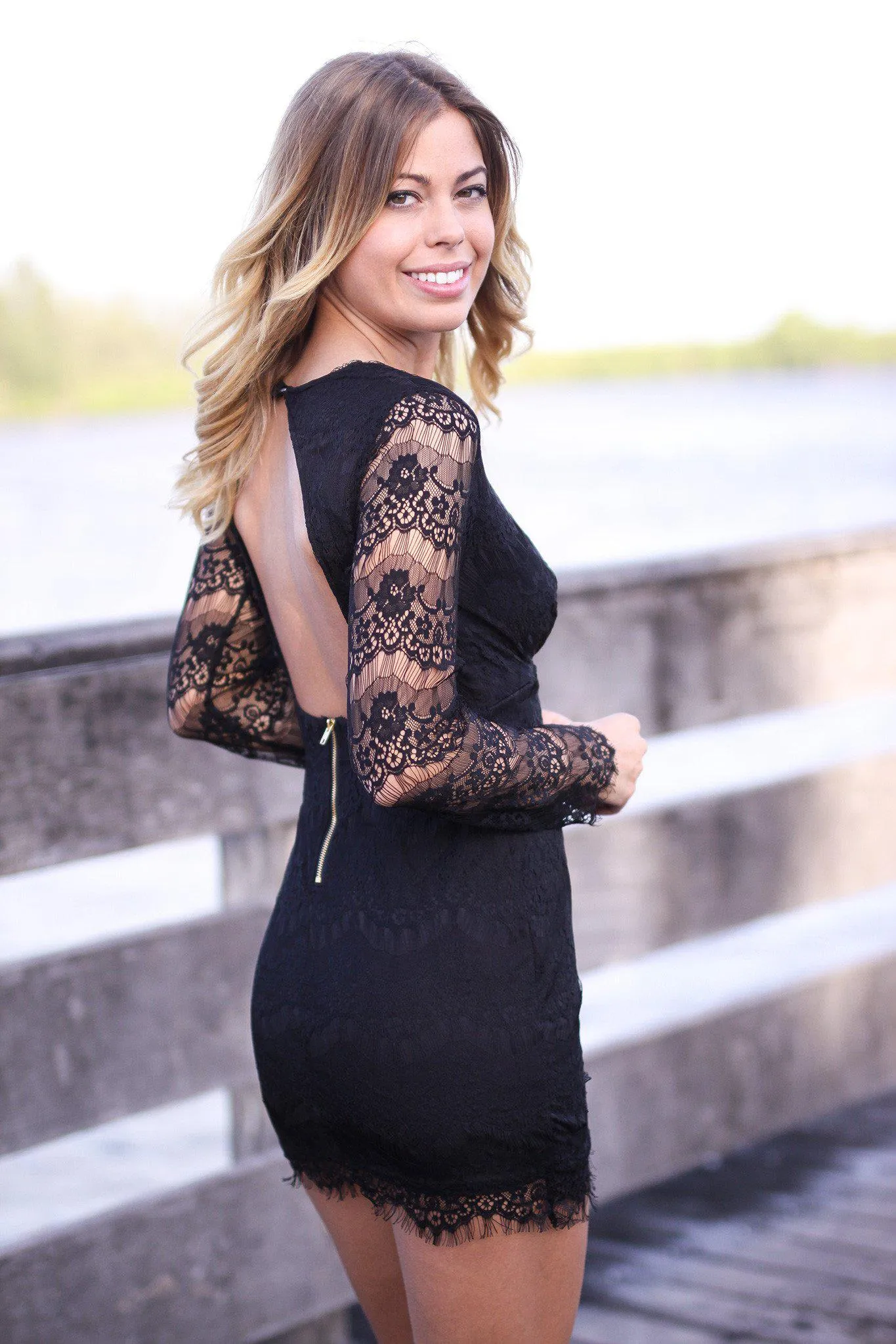 Black Lace Long Sleeve Dress with Open Back