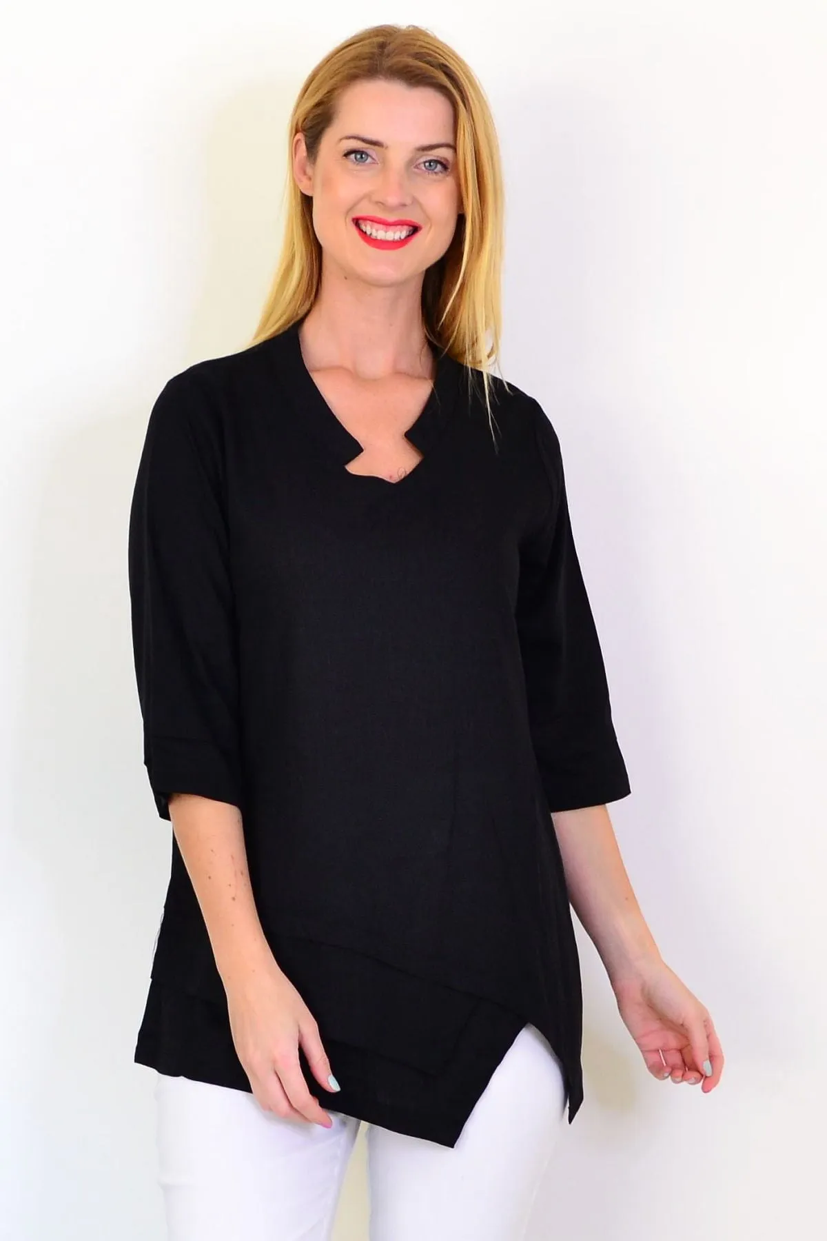 Black Linen Blend Tunic Top