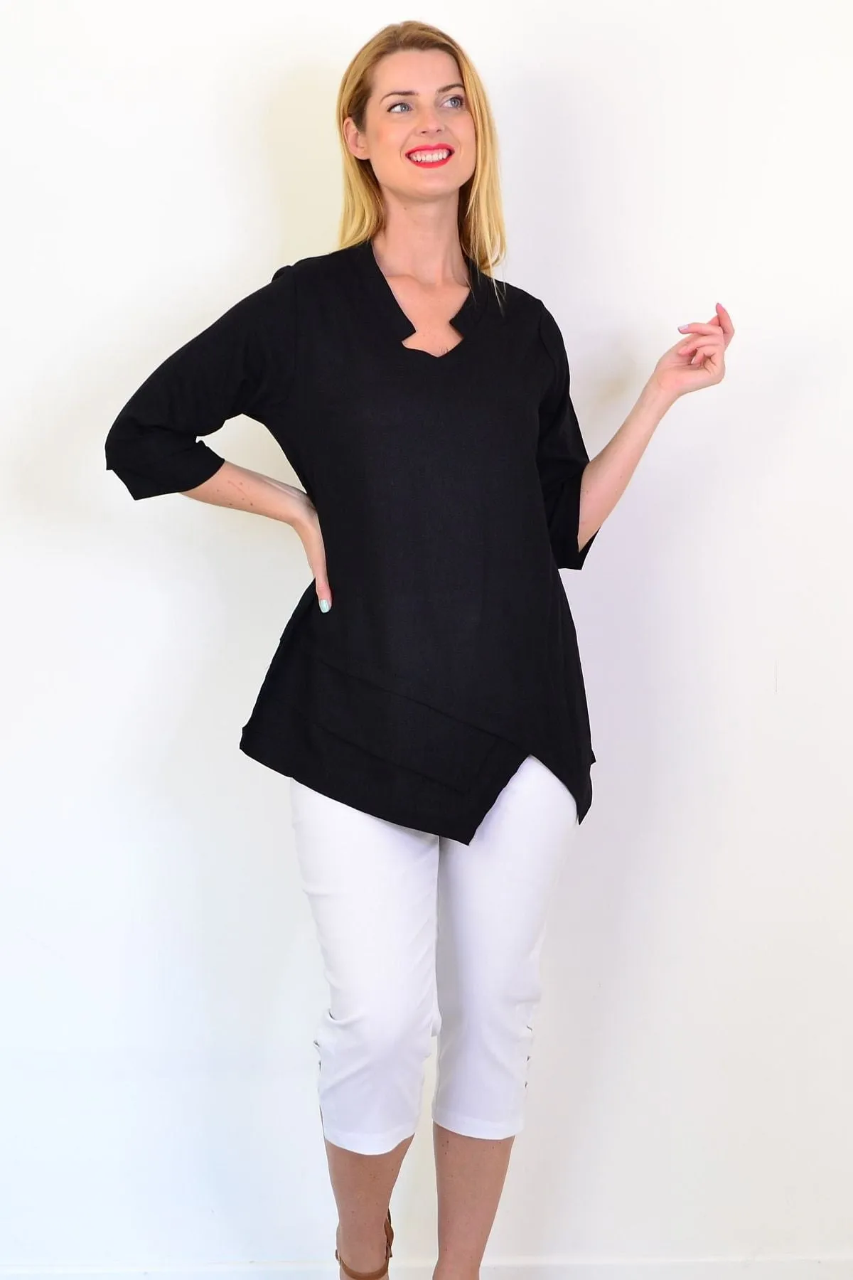 Black Linen Blend Tunic Top