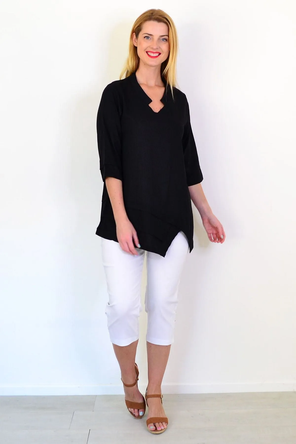 Black Linen Blend Tunic Top