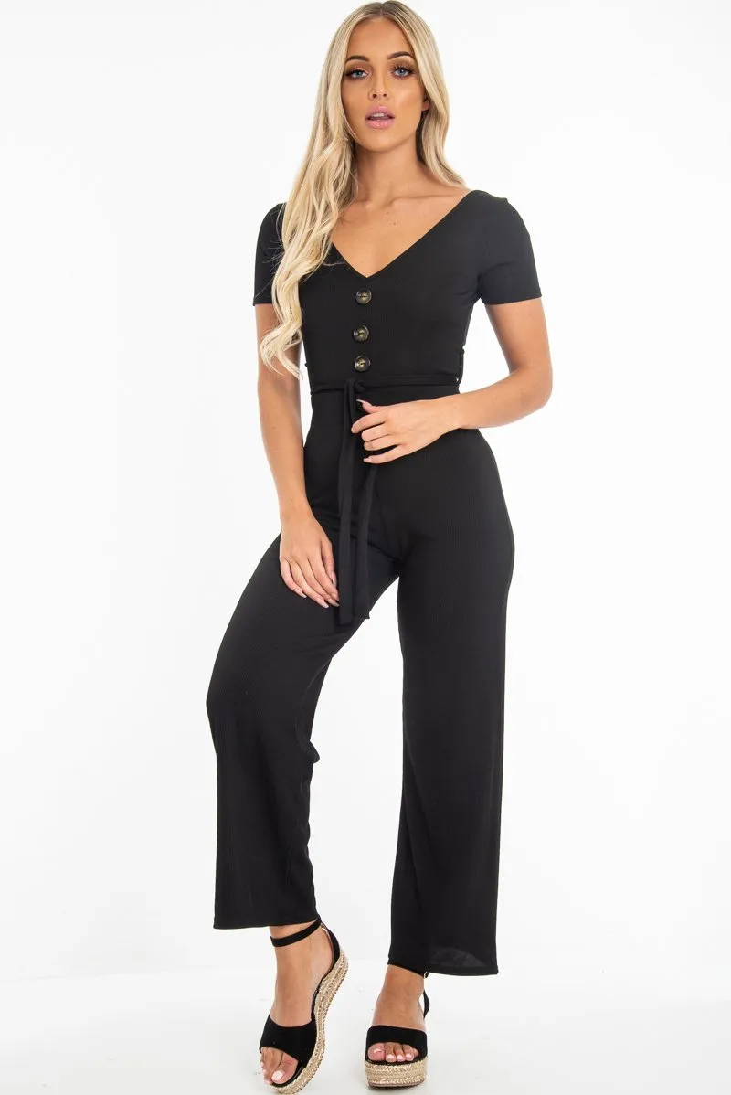 Black Rib V Neck Button Front Jumpsuit - Cassandra
