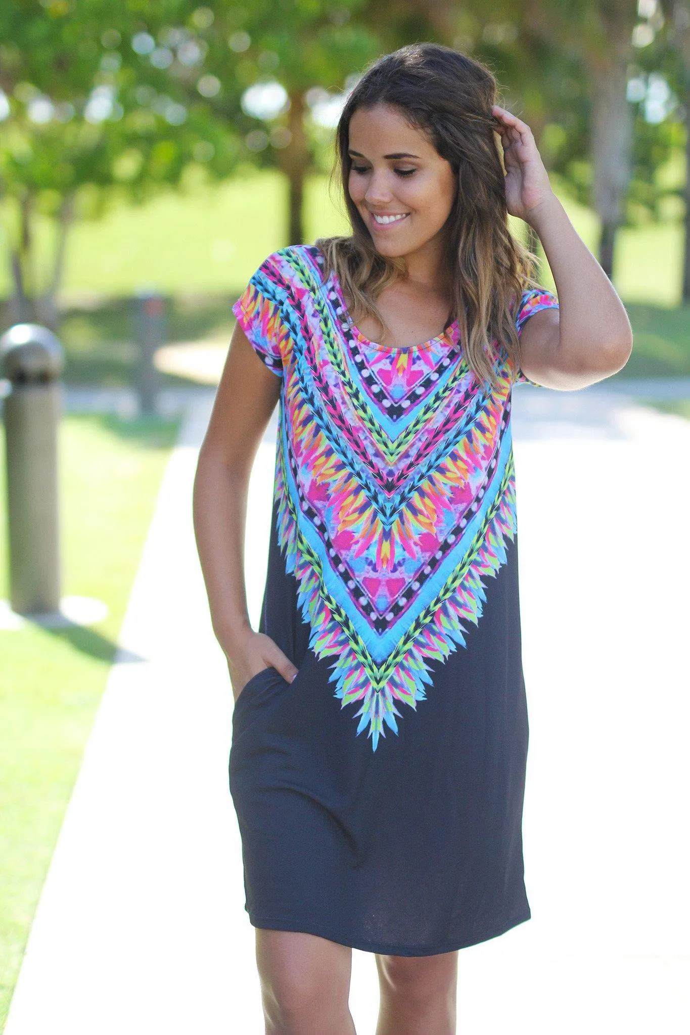 Black Tribal Tunic Dress with Pockets