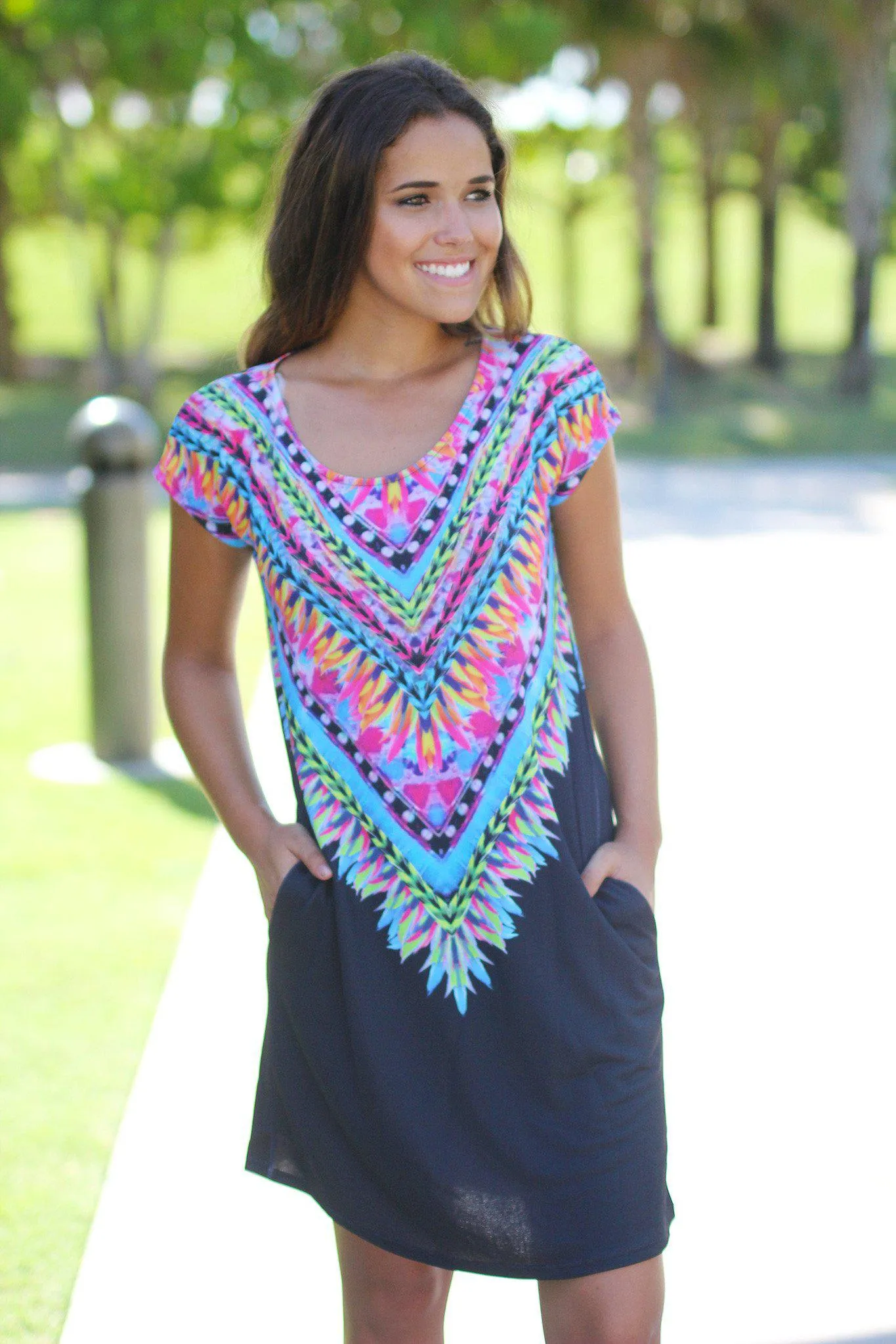 Black Tribal Tunic Dress with Pockets