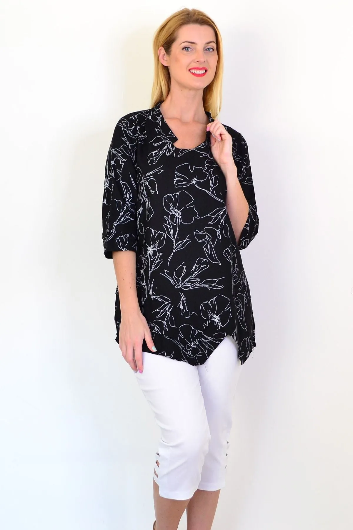 Black White Floral Linen Blend Tunic Top