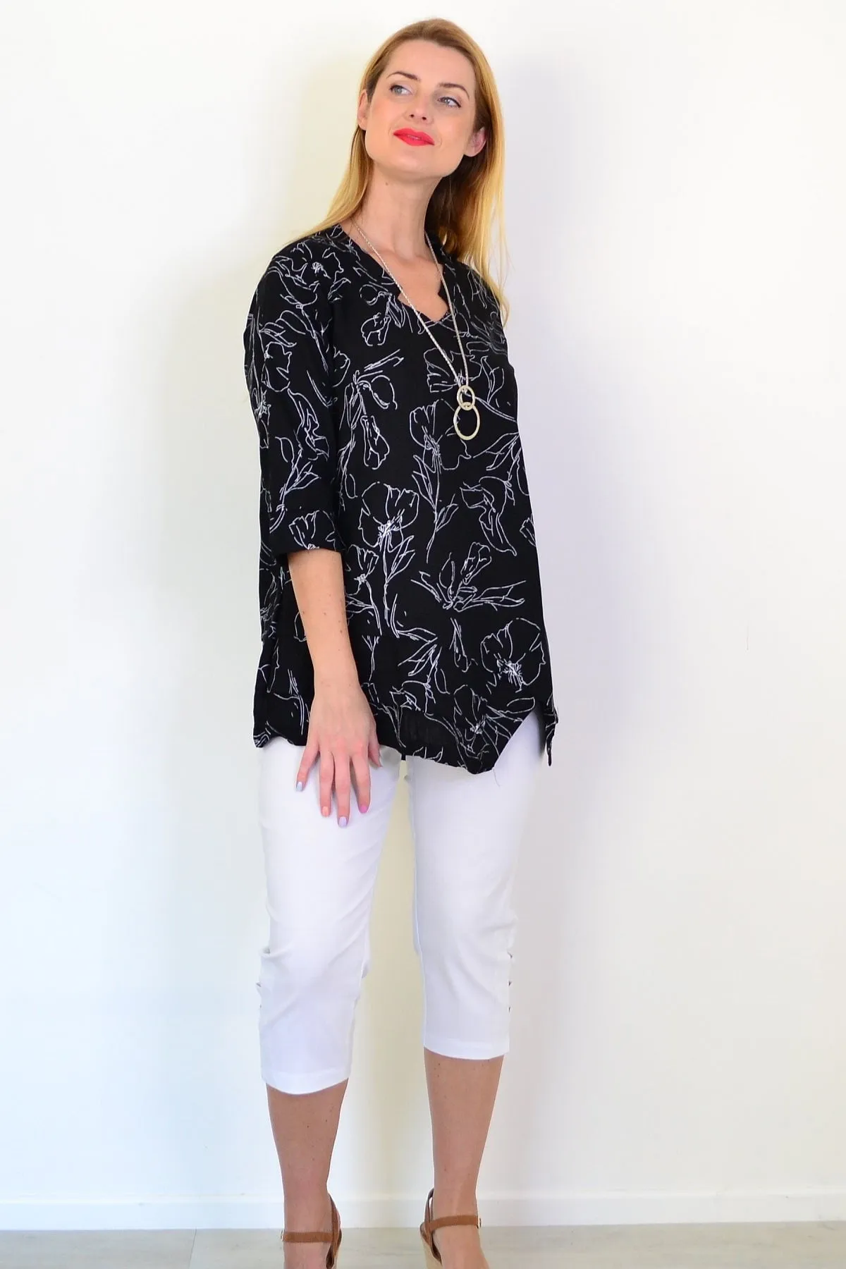 Black White Floral Linen Blend Tunic Top