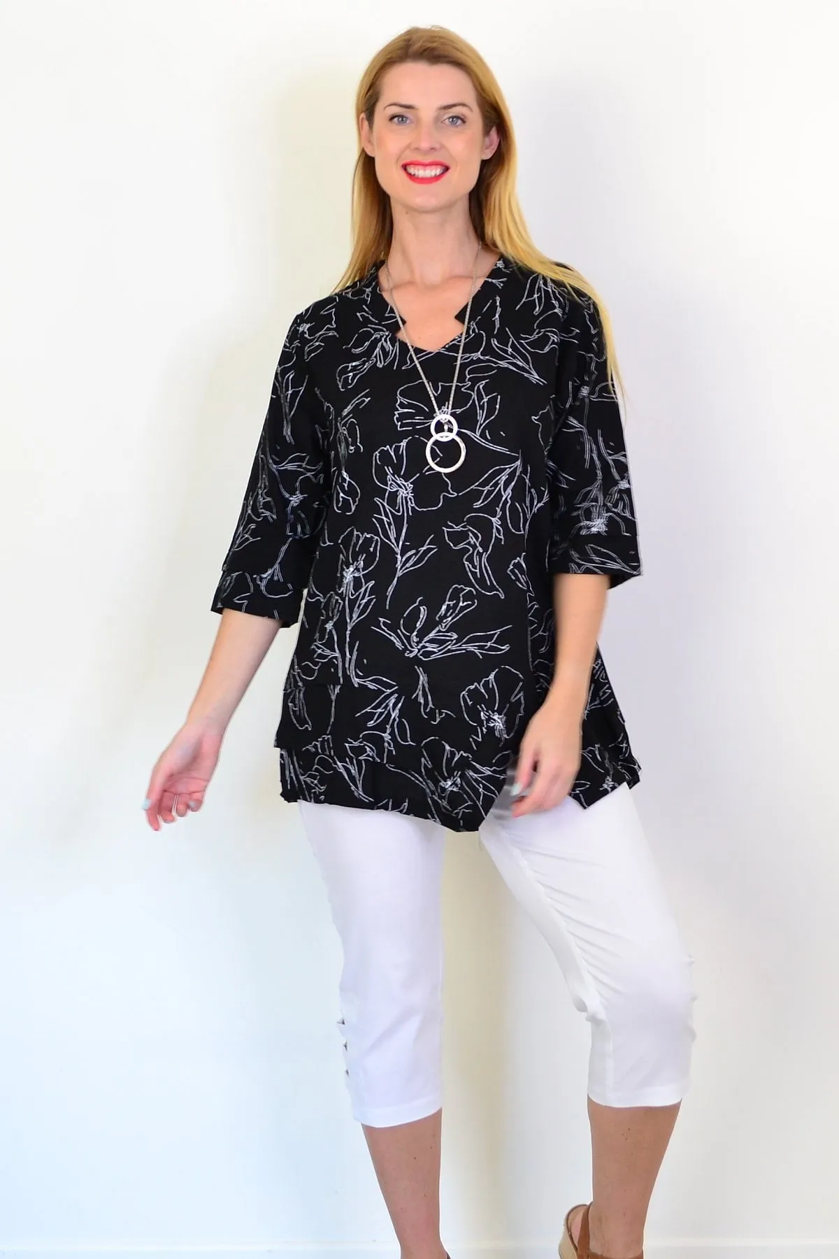 Black White Floral Linen Blend Tunic Top