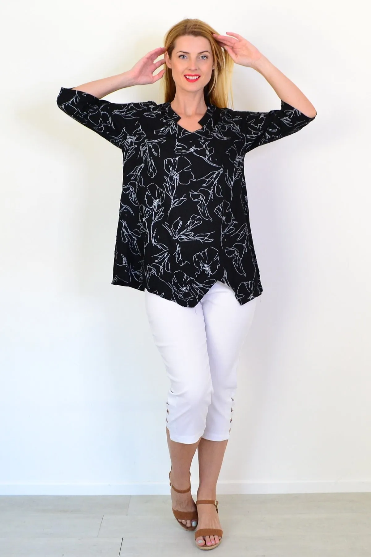 Black White Floral Linen Blend Tunic Top