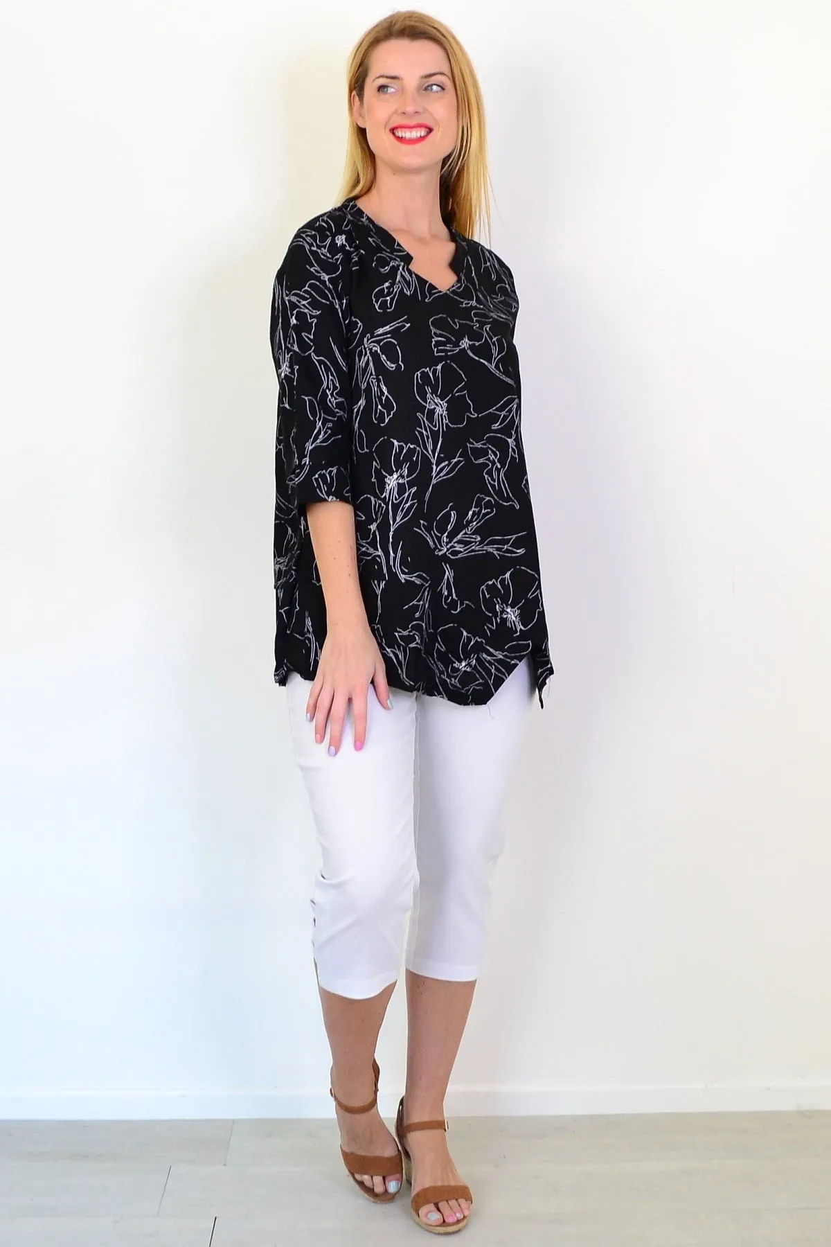 Black White Floral Linen Blend Tunic Top