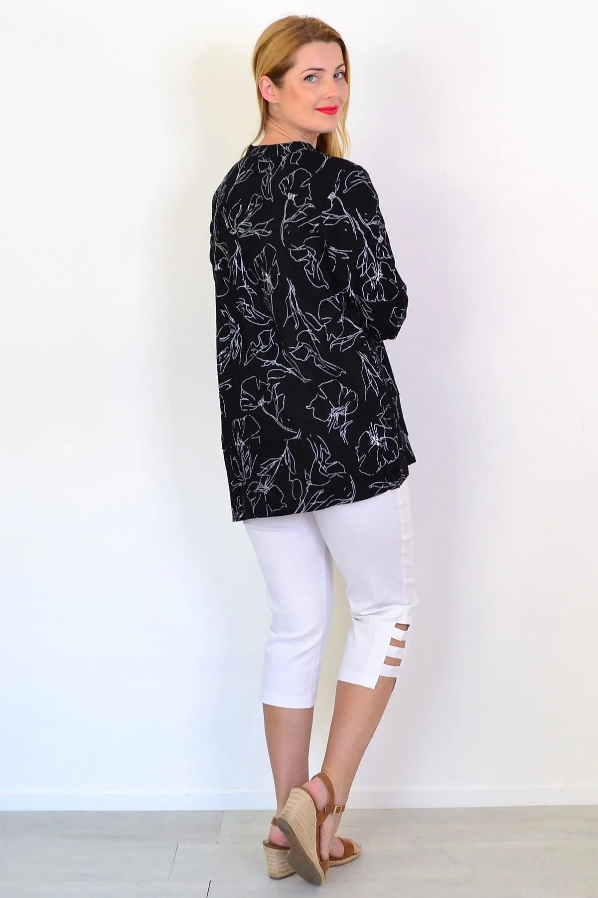 Black White Floral Linen Blend Tunic Top