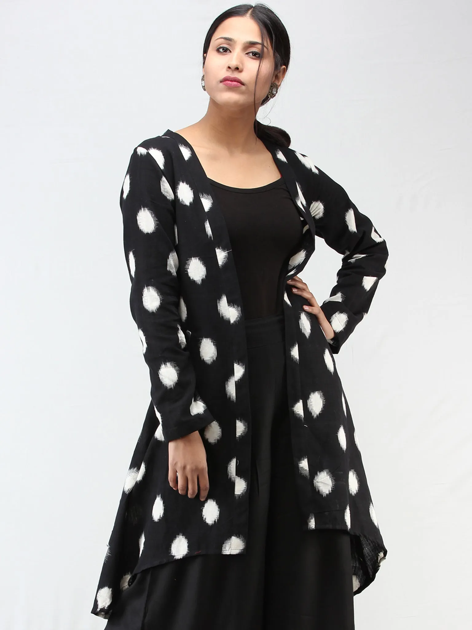 Black White Hand Woven Ikat Long Cape Jacket - J10FXXX