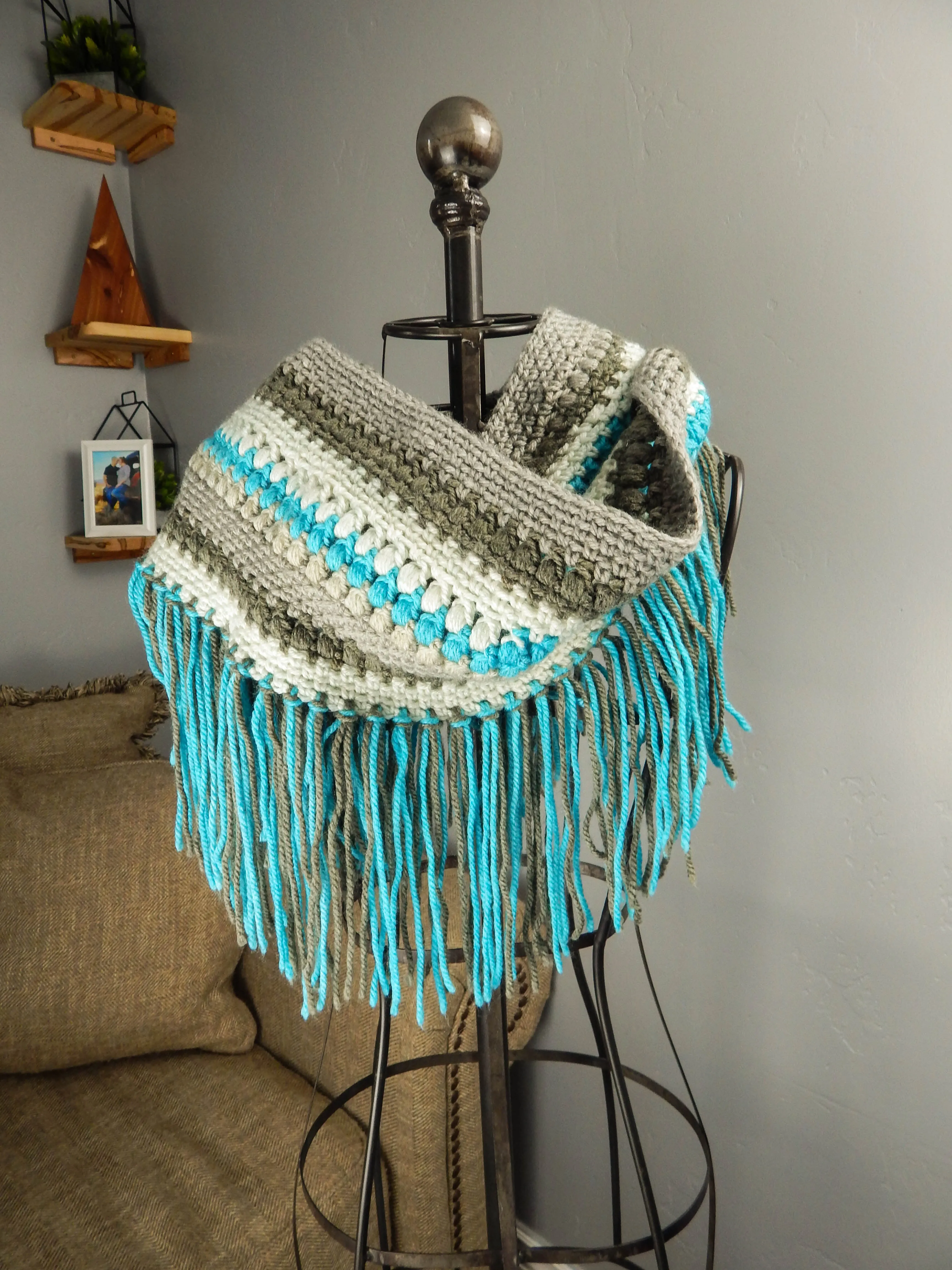 Bobble Scarf with Fringe in Blue/Grey