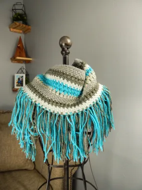 Bobble Scarf with Fringe in Blue/Grey